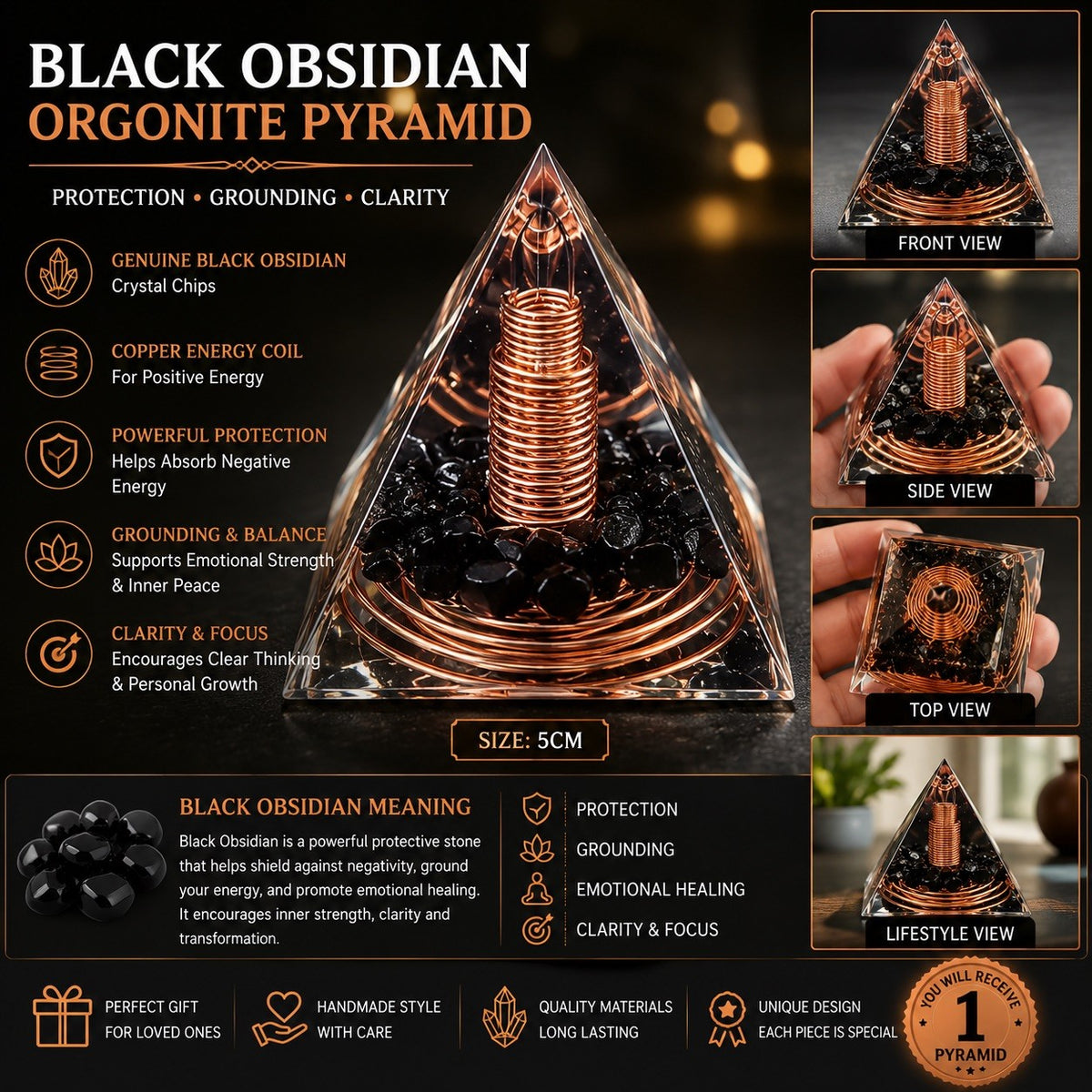 Black Obsidian Orgonite Pyramid 5cm Healing Protection Confidence Gift Deco