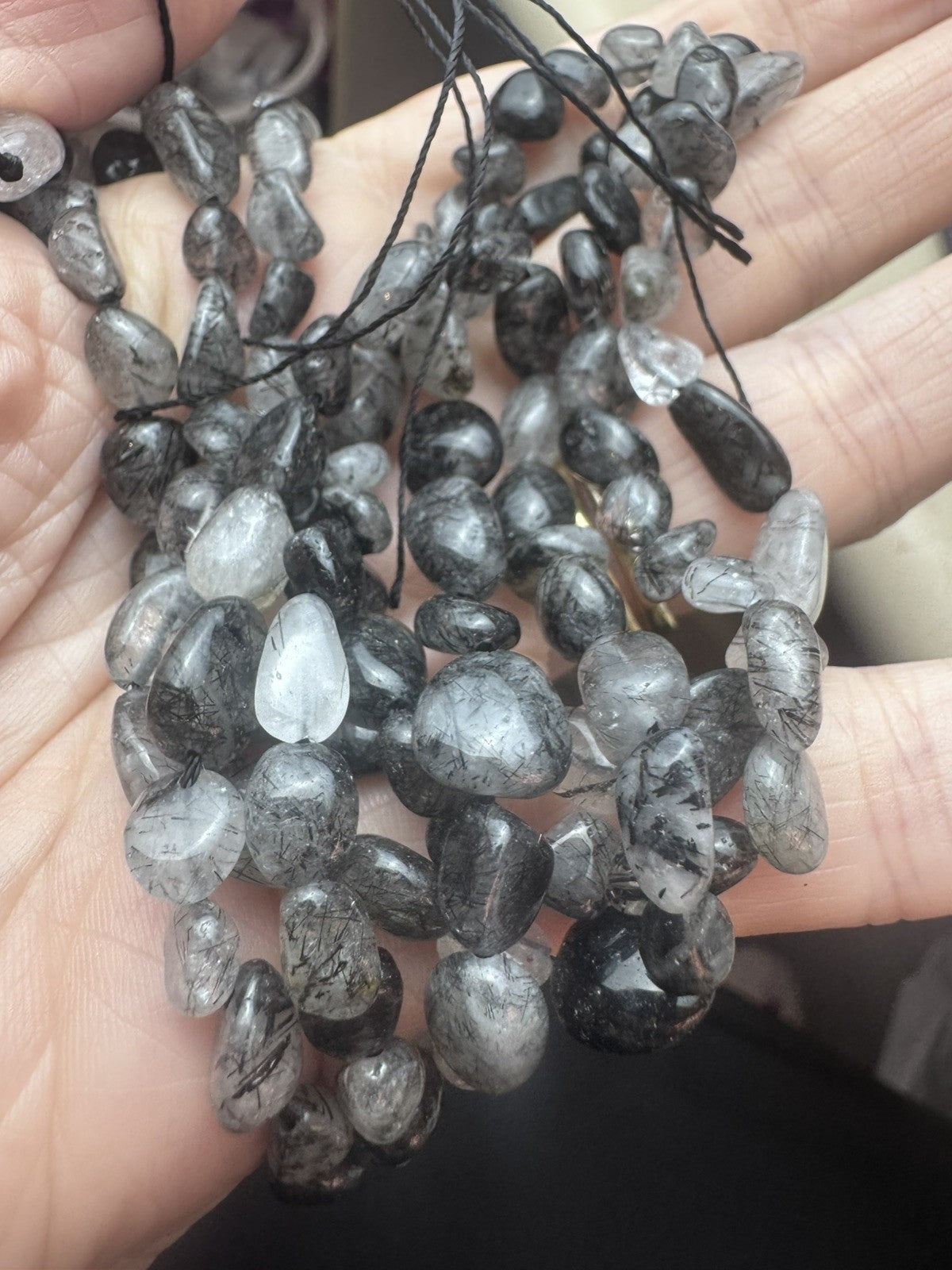 Natural Tourmalinated Quartz Tumble Bead Strand – 16 Inch