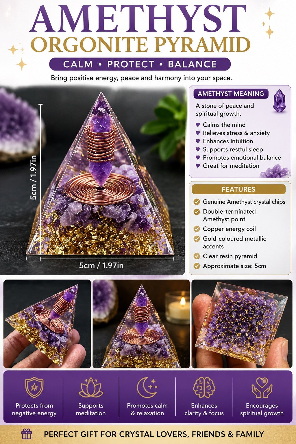 Amethyst Orgonite Pyramid 5cm Healing Protection Confidence Gift Deco