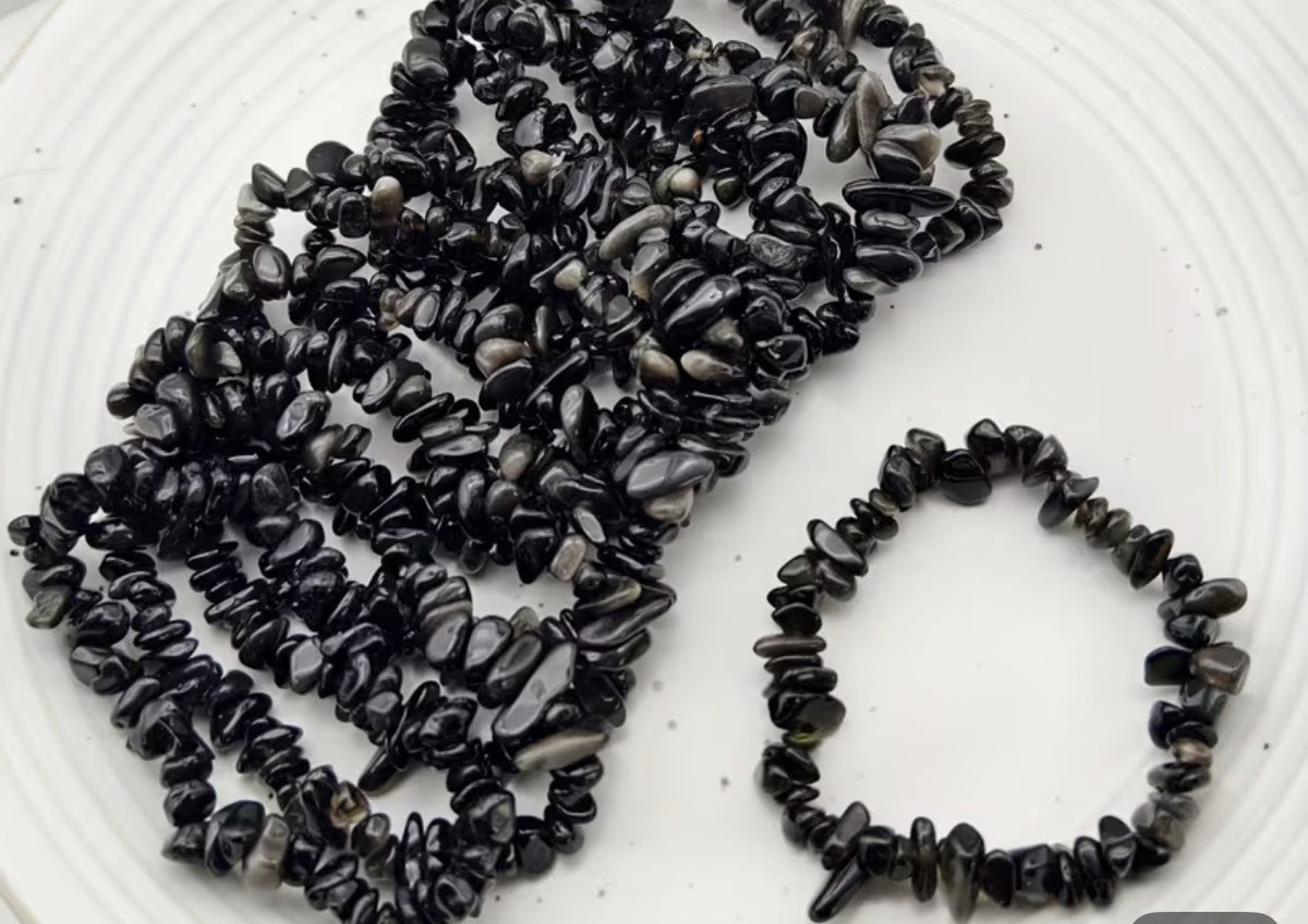 Black Obsidian Chip Bead Stretch Bracelet Genuine Gemstones