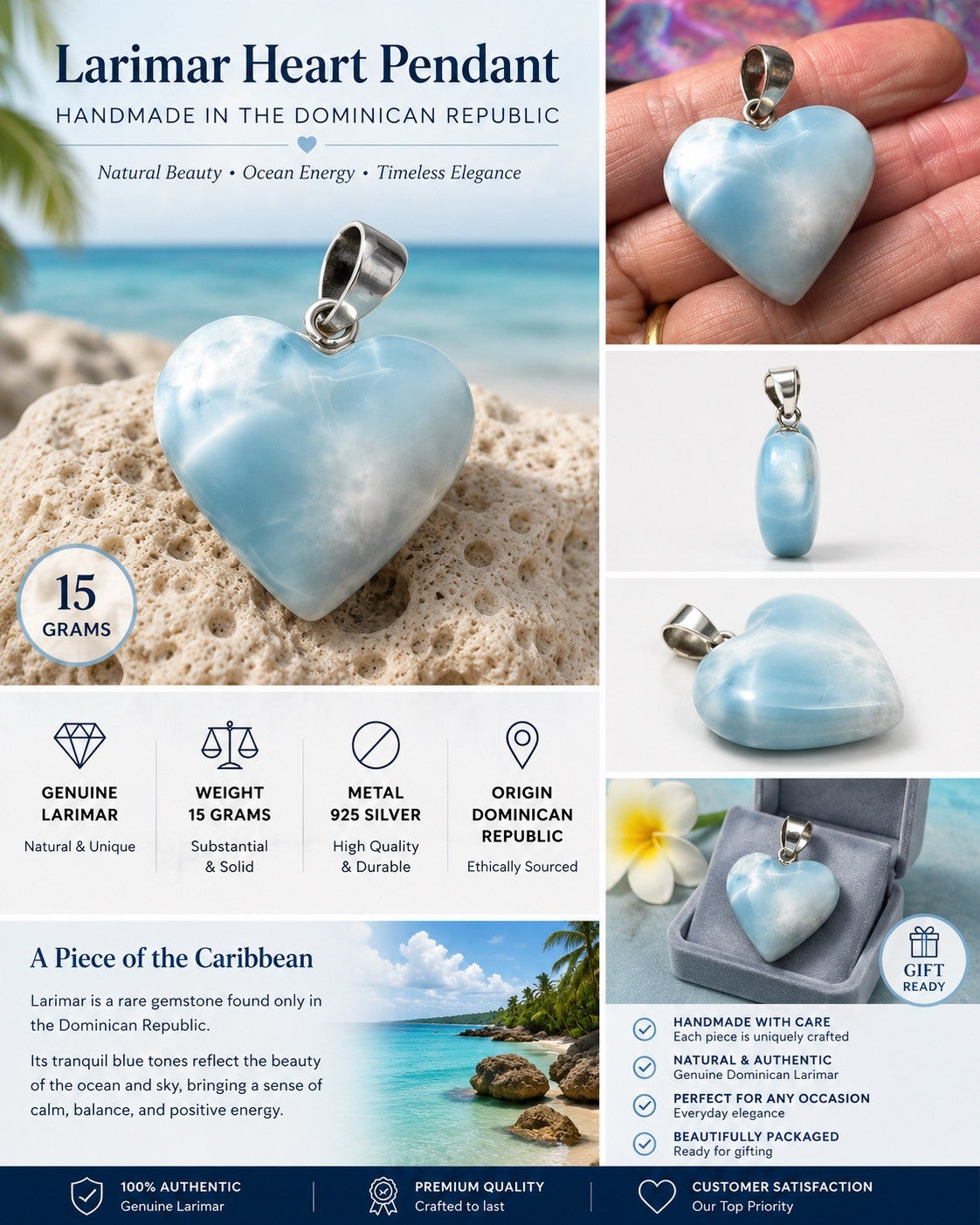 15 Gram 925 Silver Larimar Heart Pendant Handmade In  the Dominican Republic