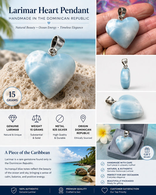 15 Gram 925 Silver Larimar Heart Pendant Handmade In  the Dominican Republic