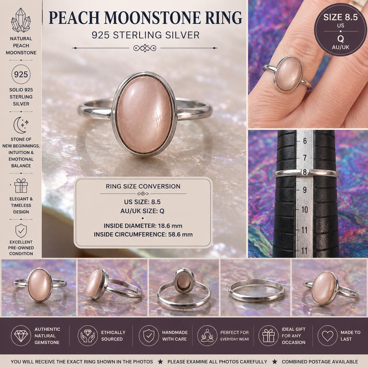 Size 8.5 Natural Peach Moonstone  Ring 925 silver Q