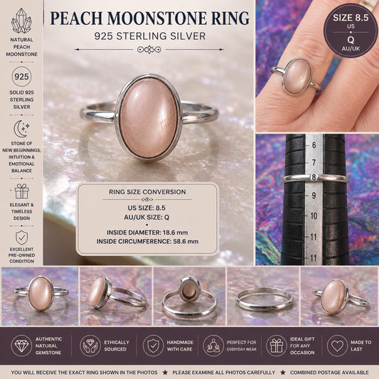 Size 8.5 Natural Peach Moonstone  Ring 925 silver Q