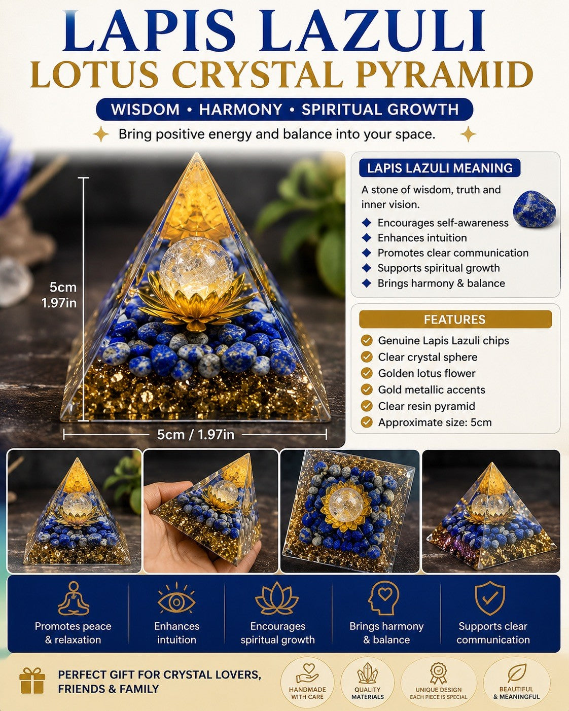 Lapis lazuli Orgonite Pyramid 5cm Healing Protection Confidence Gift Deco