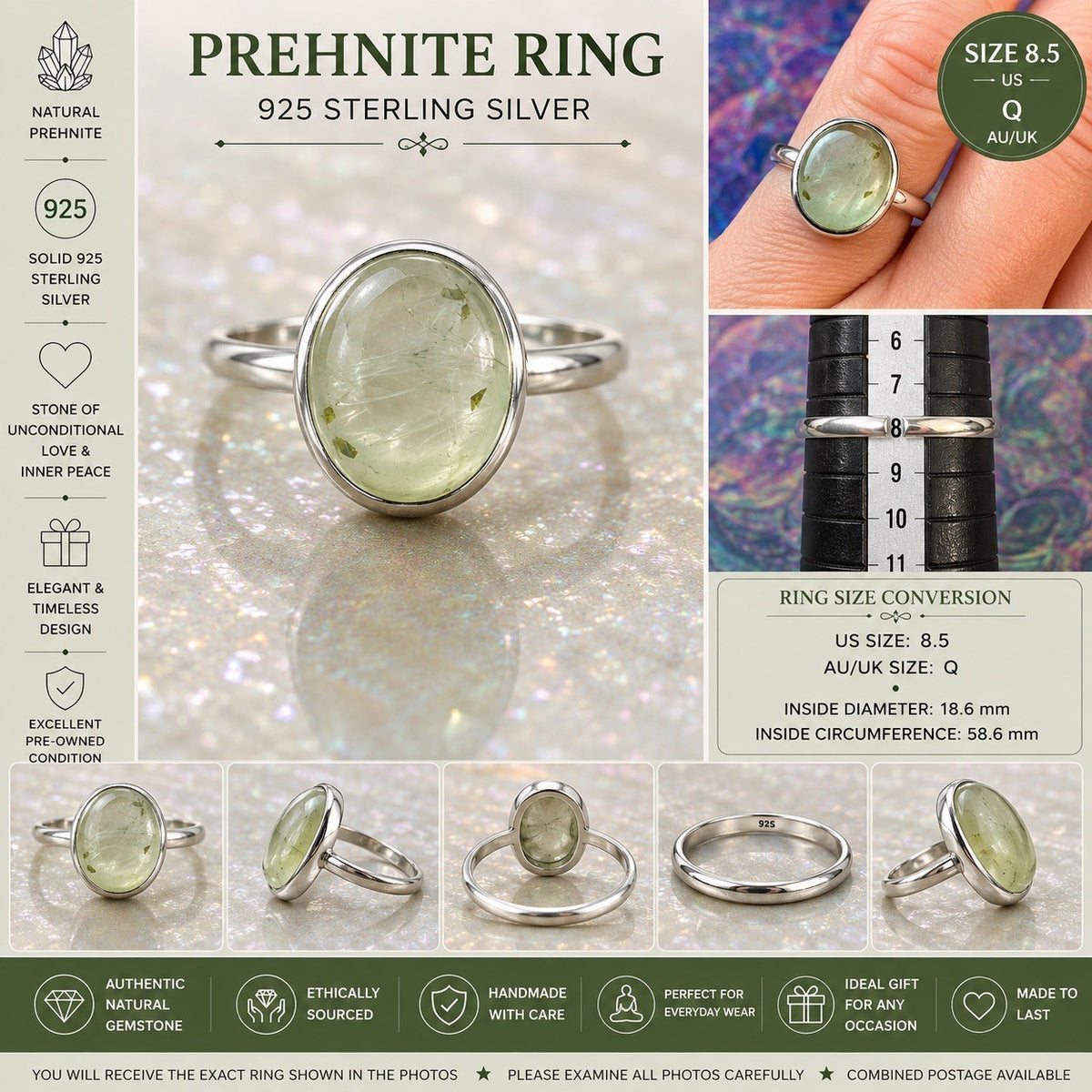 Size 8.5 Natural Prehnite Crystal Ring 925 silver Q