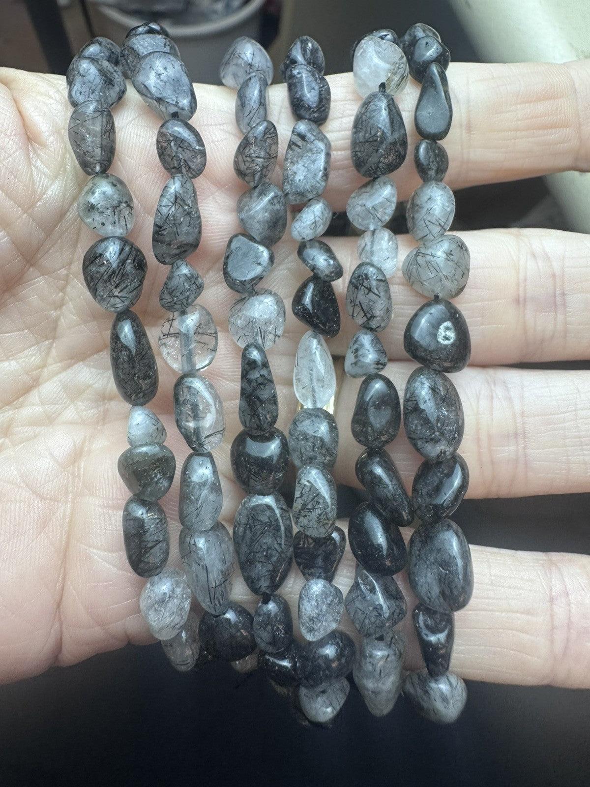 Natural Tourmalinated Quartz Tumble Bead Strand  – 16 Inch
