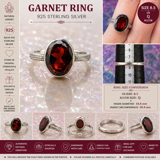 Size 8.5 Natural Garnet Crystal Ring 925 silver Q