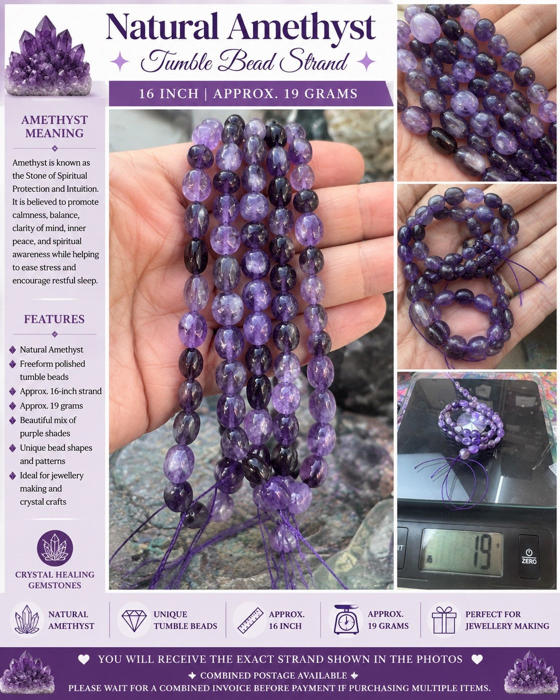 Natural Amethyst Tumble Bead Strand – 16 Inch