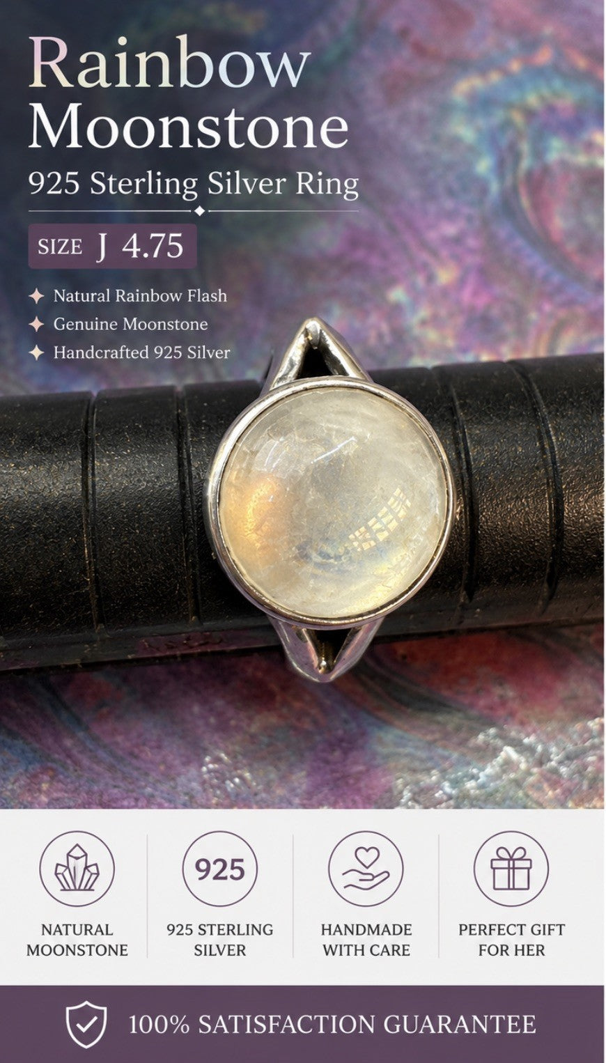 Rainbow Moonstone  925 Sterling Silver Ring Size J 4.75