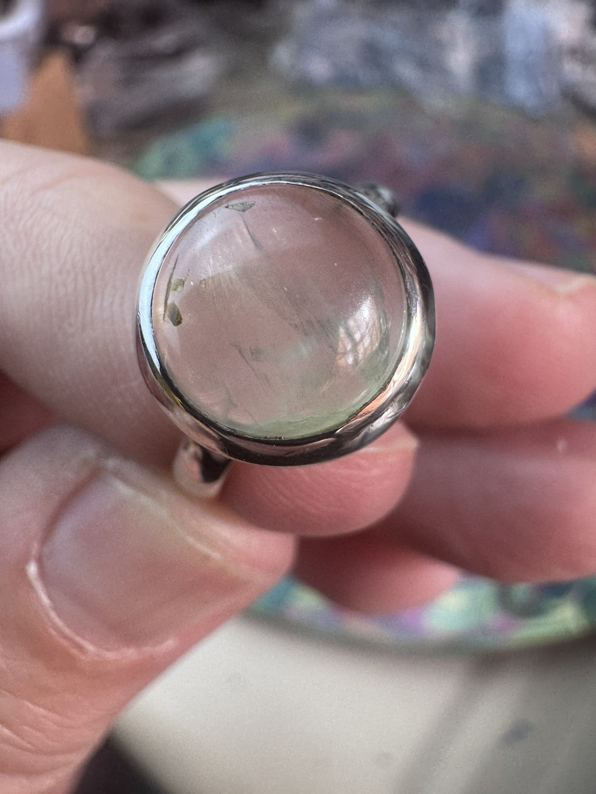Size 8.5 Natural Prehnite Crystal Ring 925 silver Q