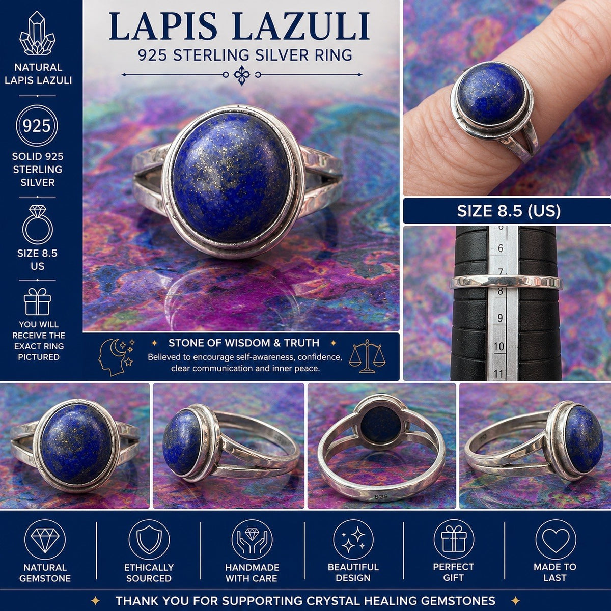 Lapis Lazuli  925 Sterling Silver Ring Size Q.5 8.5