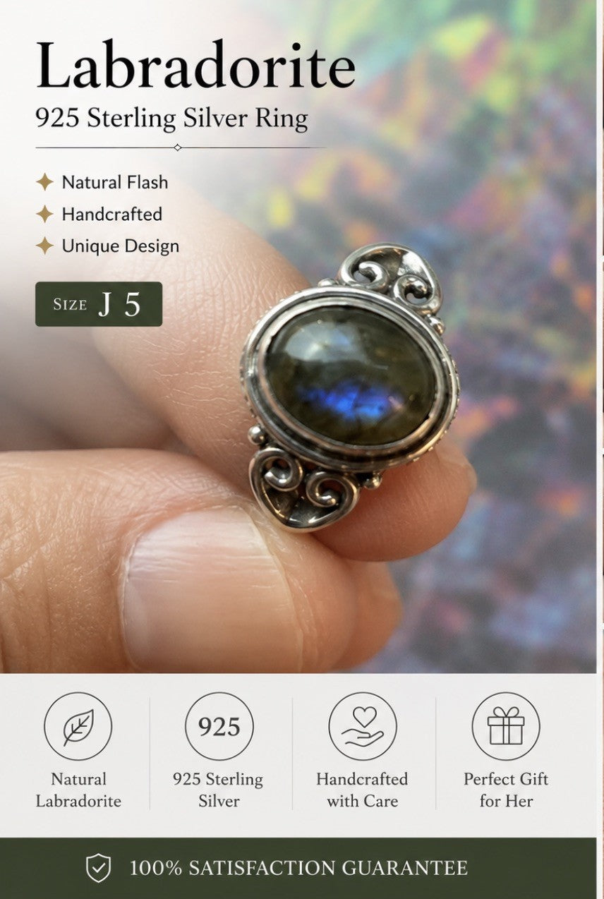 Labradorite 925 Sterling Silver Ring Size J 5