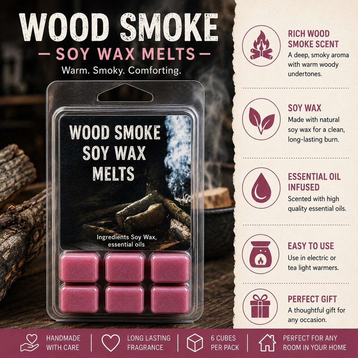 Wood Smoke Soy Wax Melts  Handmade Scented | Long Lasting Fragrance