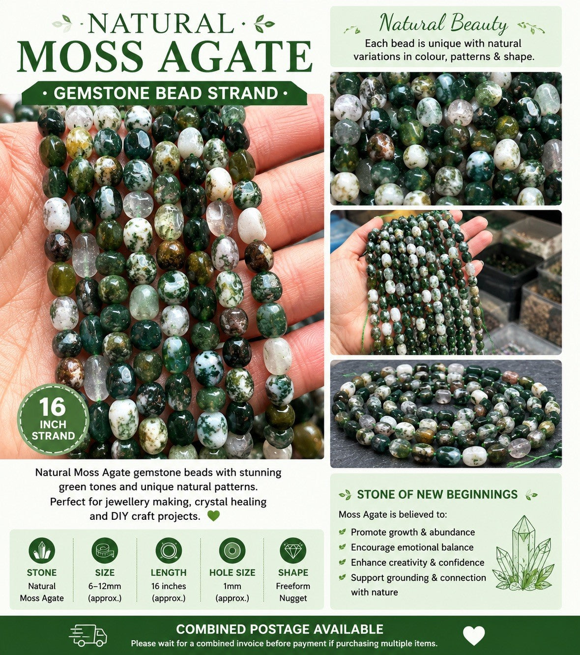Natural Moss Agate Gemstone Bead Strand   16 Inch Strand