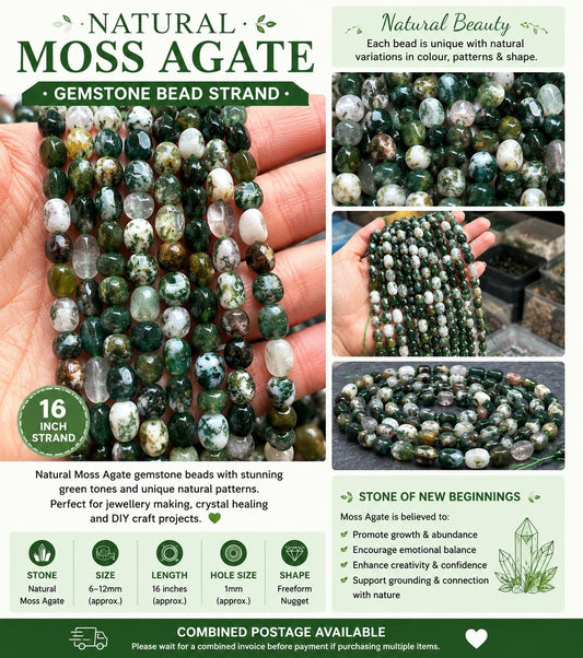 Natural Moss Agate Gemstone Bead Strand   16 Inch Strand