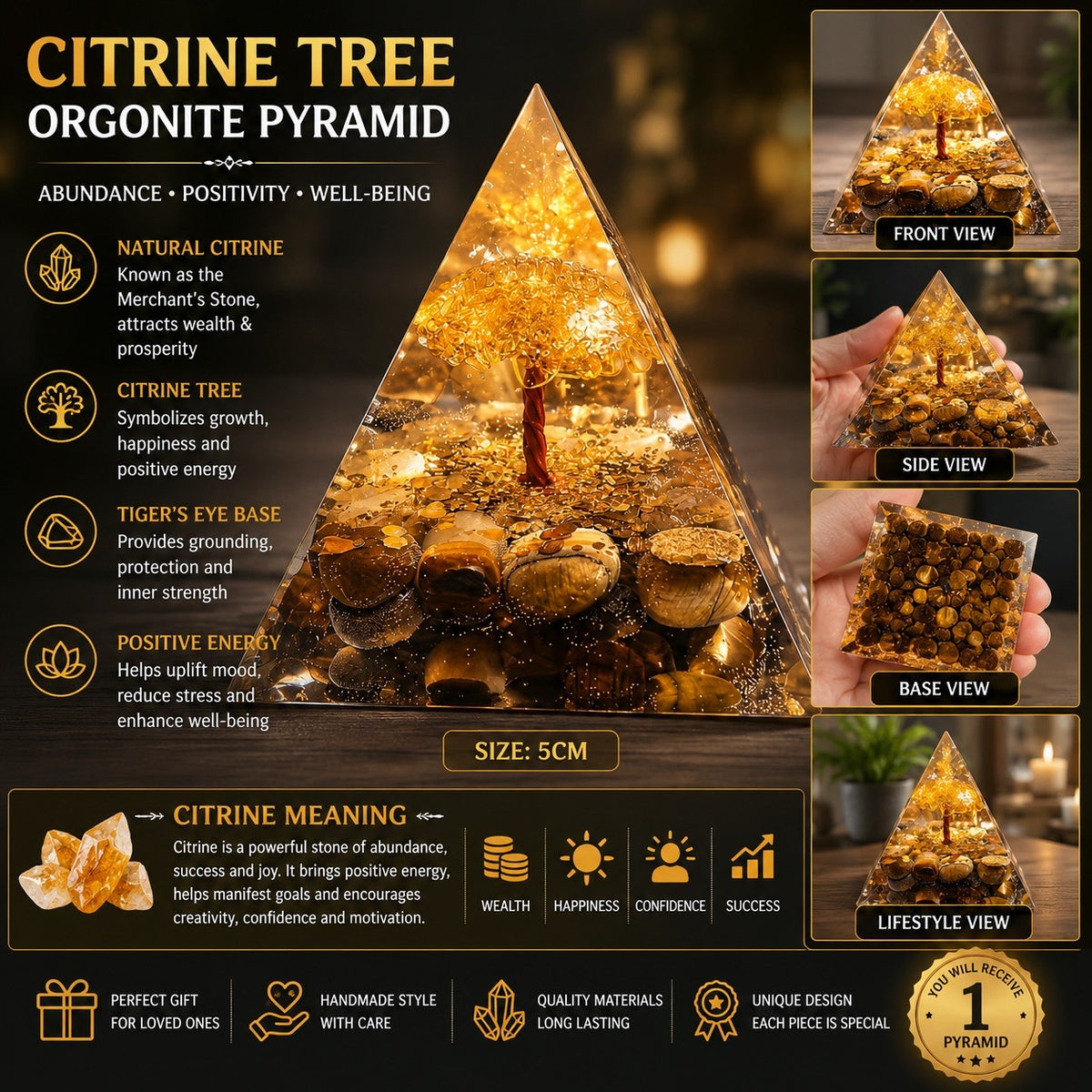Citrine tiger eye  Orgonite Pyramid 5cm Healing Protection Confidence Gift Deco