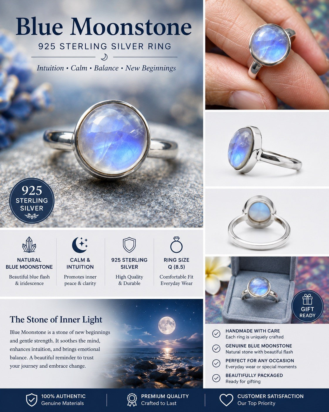 Blue Moonstone  925 Sterling Silver Ring Size Q 8.5