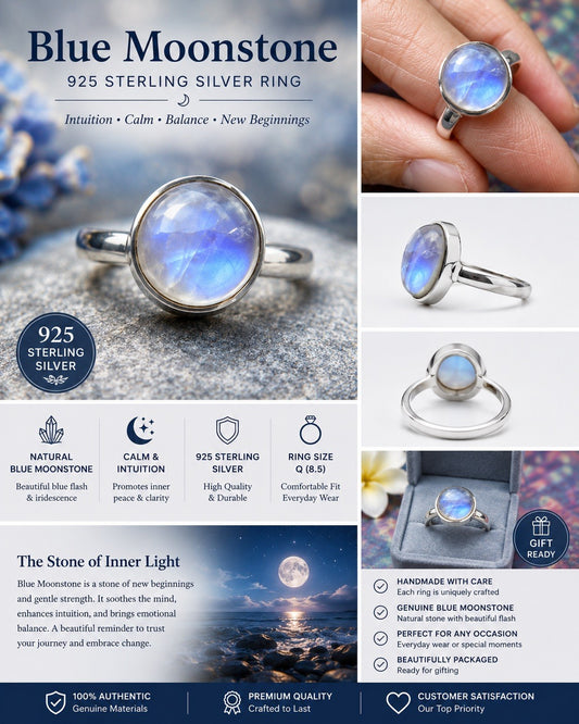 Blue Moonstone  925 Sterling Silver Ring Size Q 8.5