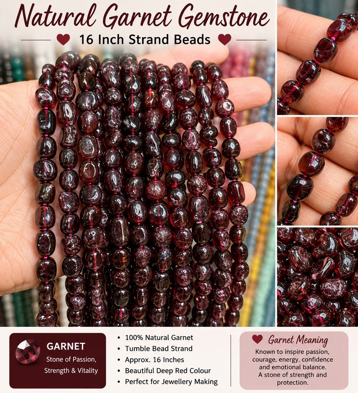 Natural Garnet Tumble Bead Strand – 16 Inch