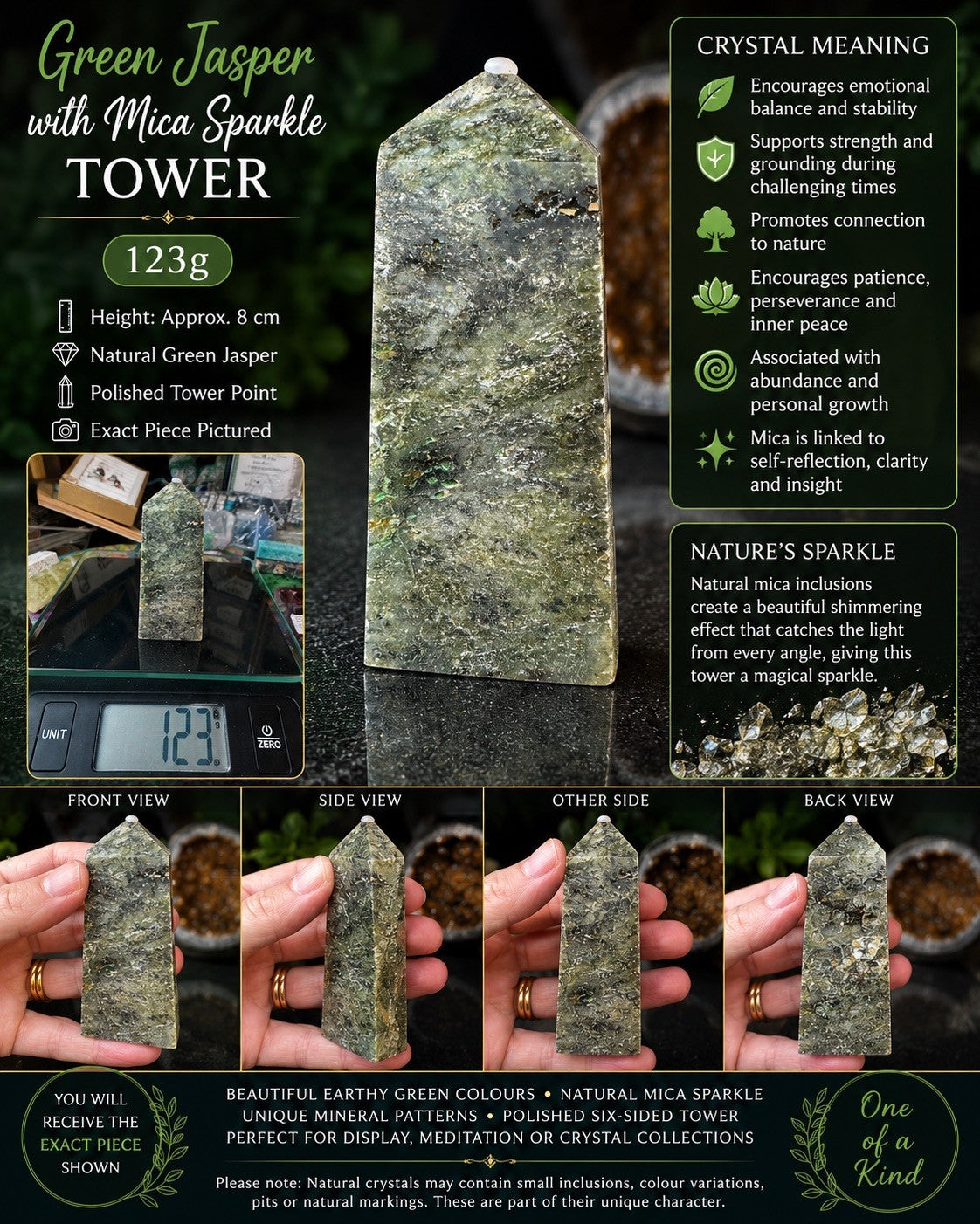 Green Jasper with Natural Mica Sparkle Tower    reiki meditation yoga
