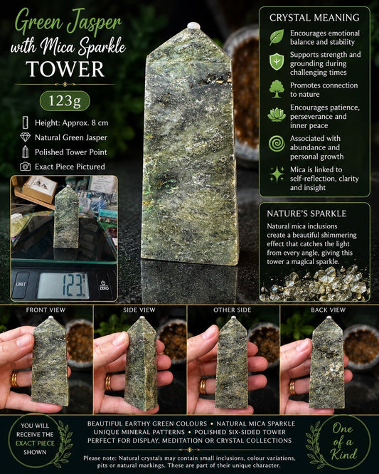 Green Jasper with Natural Mica Sparkle Tower    reiki meditation yoga