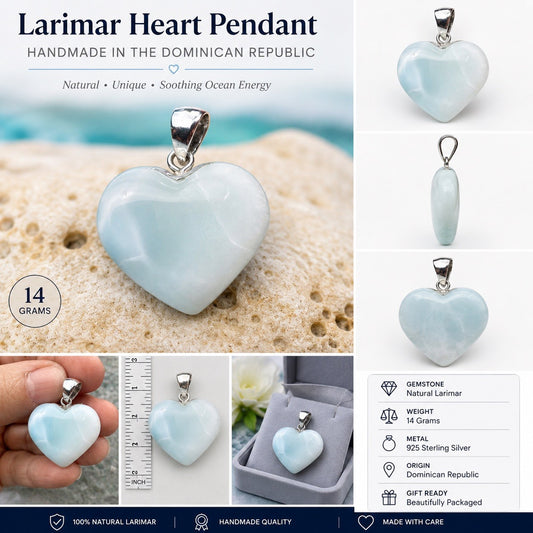 14 Gram 925 Silver Larimar Heart Pendant Handmade In  the Dominican Republic