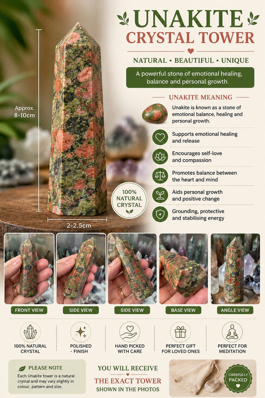 Unakite Crystal Tower with Meaning Card "A GRADE CRYSTAL OBELISK" (#4806)