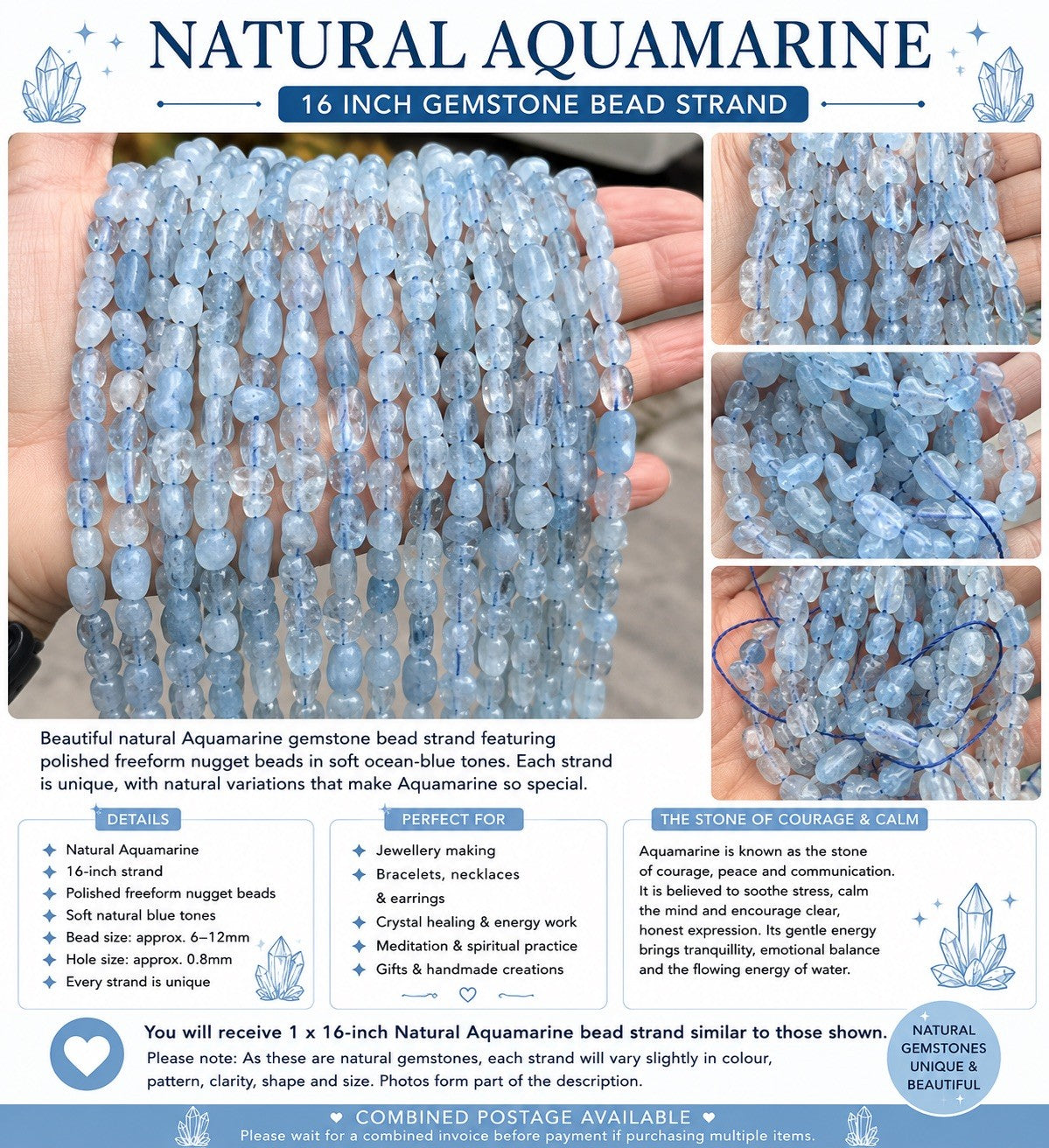 Natural Aquamarine Gemstone Bead Strand – 16 Inch