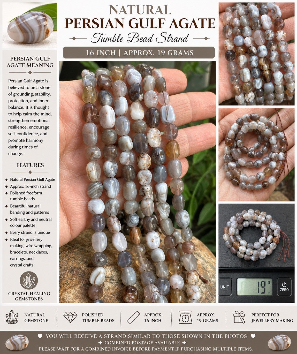 Natural Persian Gulf Agate Tumble Bead Strand – 16 Inch