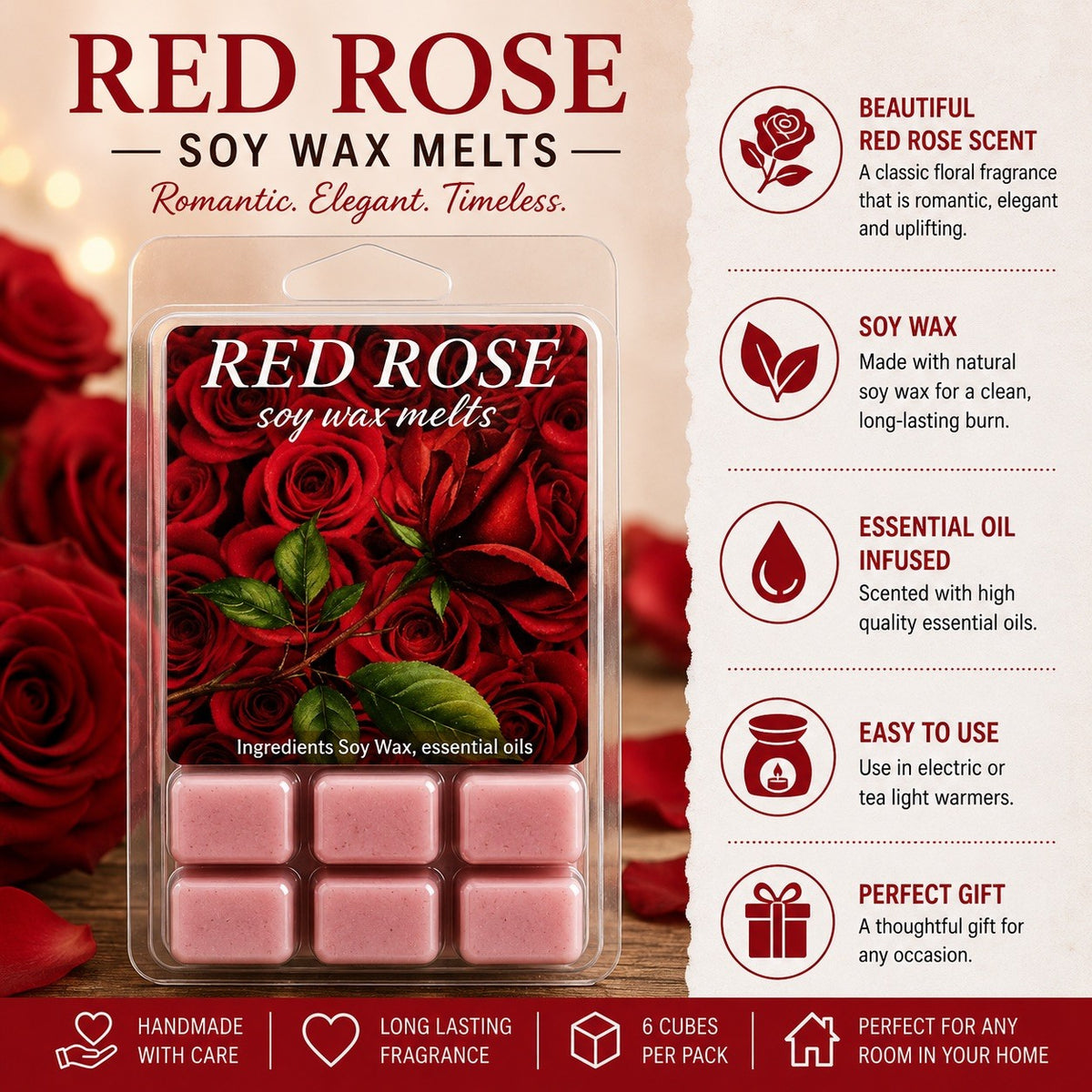 Red Rose Soy Wax Melts  Handmade Scented | Long Lasting Fragrance