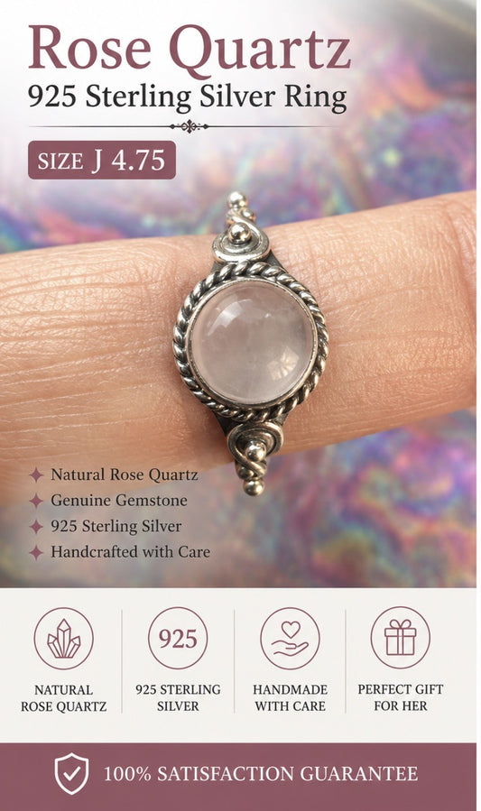 Rose Quartz  925 Sterling Silver Ring Size J 4.75