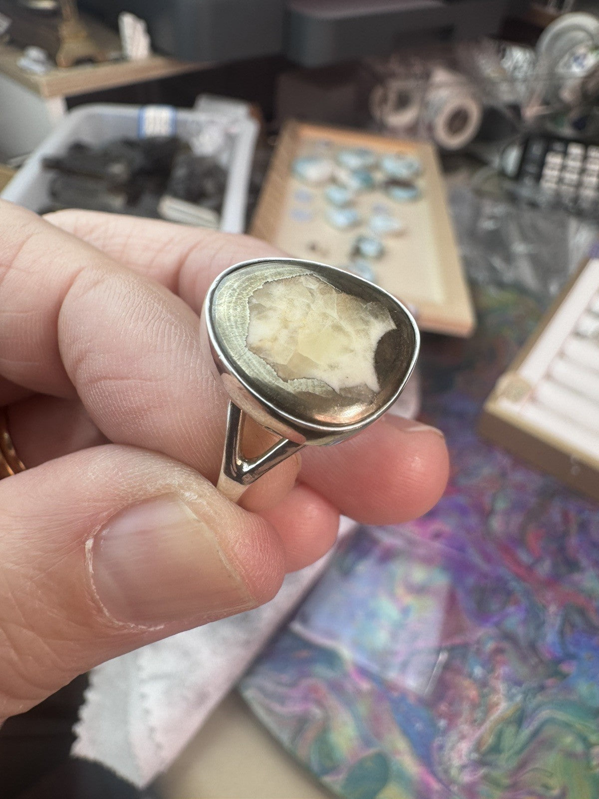 Size 8.5 Natural Ammonite Pyrite Crystal Ring 925 silver Q