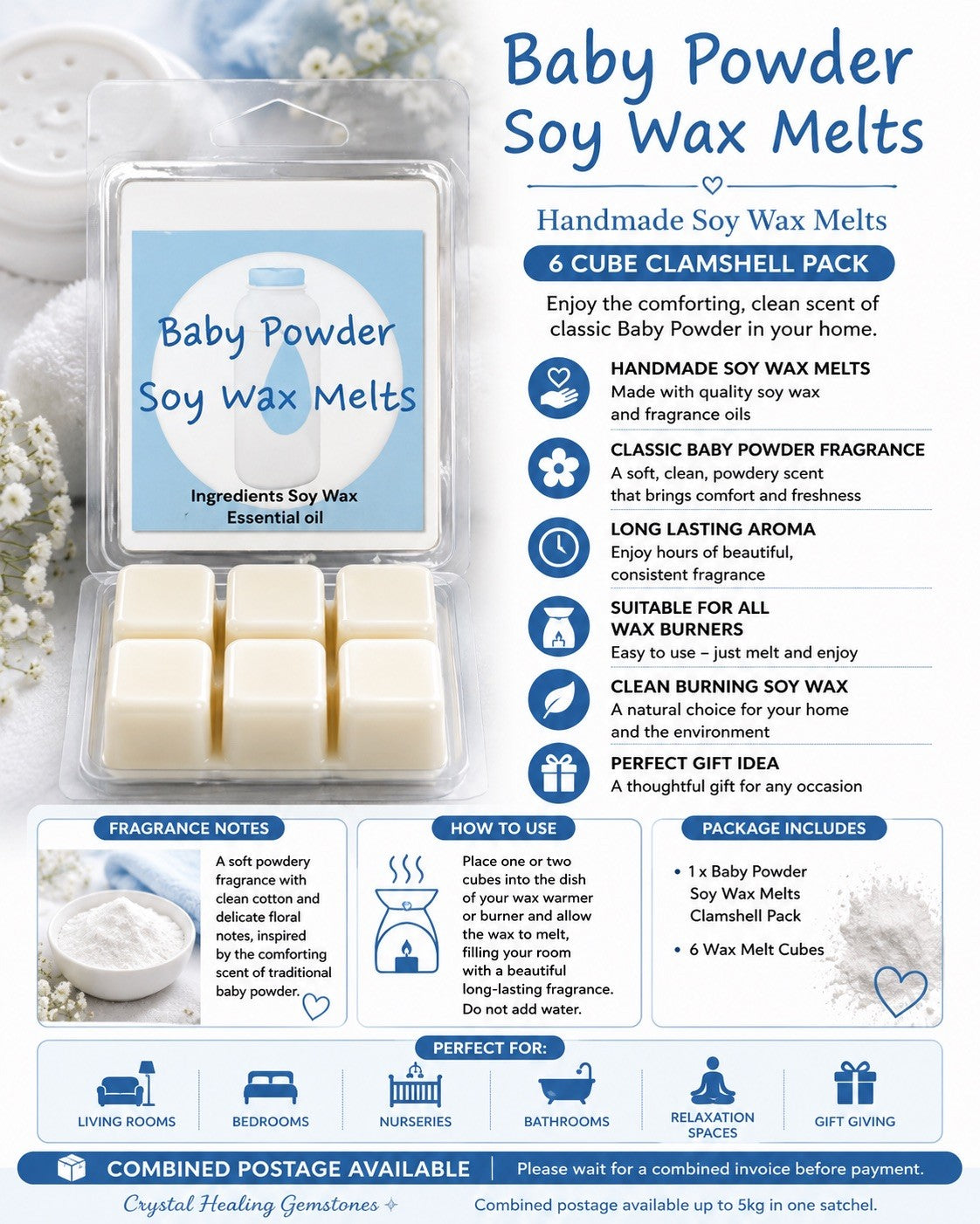 Baby Powder Soy Wax Melts – Handmade Soy Wax Melts 6 Cube Clamshell Pack
