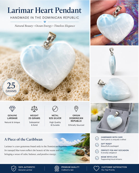 25 Gram 925 Silver Larimar Heart Pendant Handmade In  the Dominican Republic