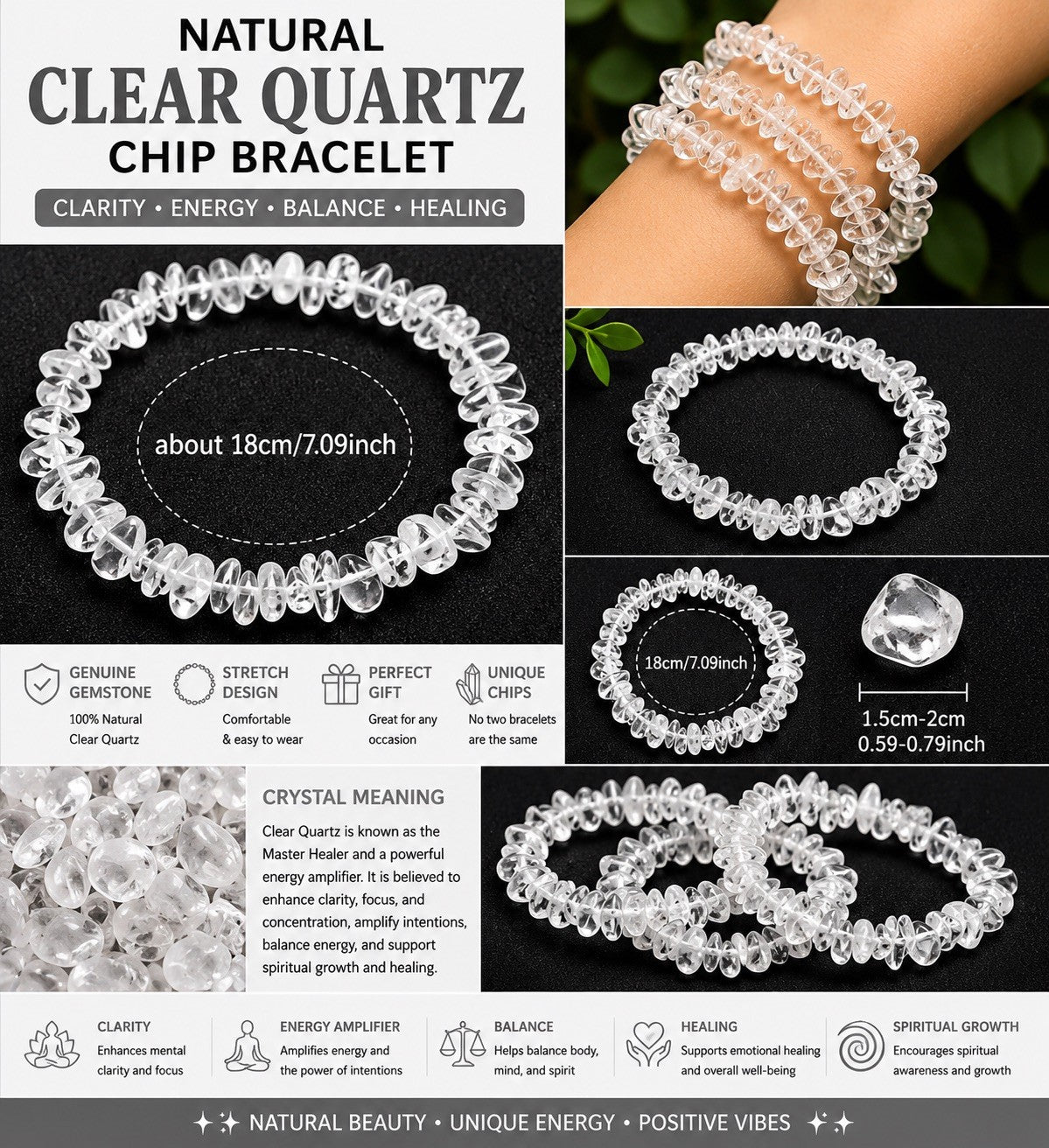 Clear Quartz Chips Stretch Healing Power Bracelet Clarity Gemstone Crystal Bead