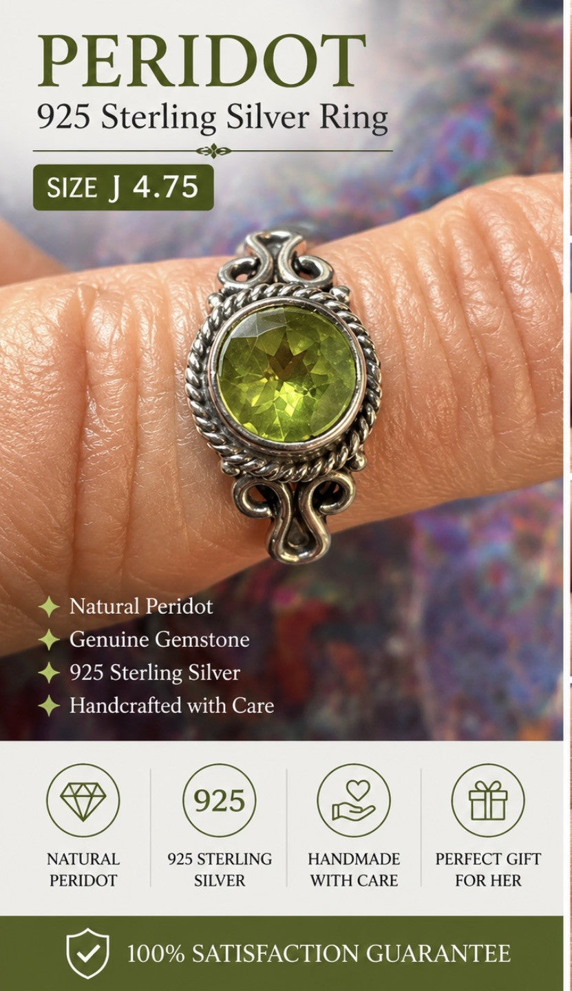 Peridot  925 Sterling Silver Ring Size J 4.75