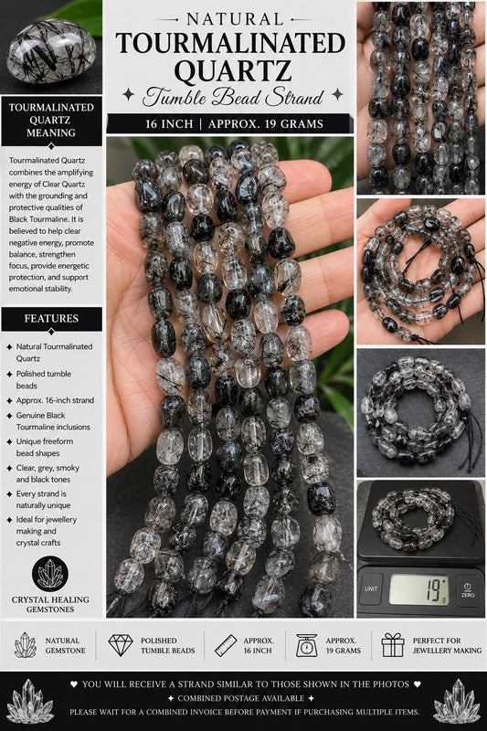 Natural Tourmalinated Quartz Tumble Bead Strand  – 16 Inch