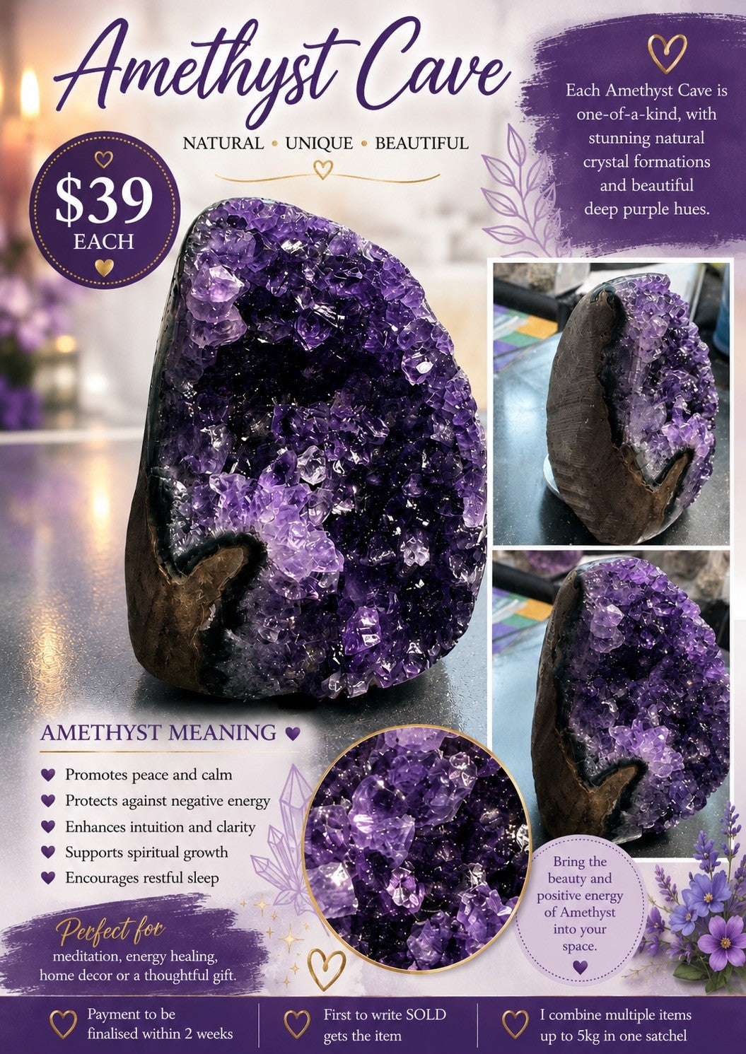 192 gram Natural Amethyst Geode Cluster Quartz Crystal Cave Mineral Specimen