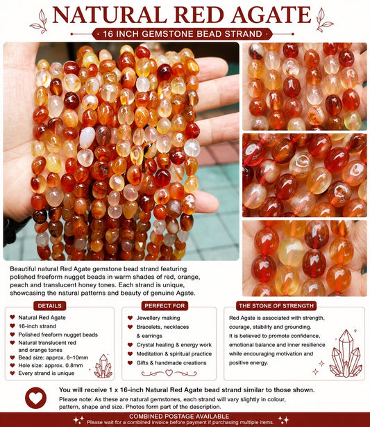 Natural Red Agate Gemstone Bead Strand – 16 Inch
