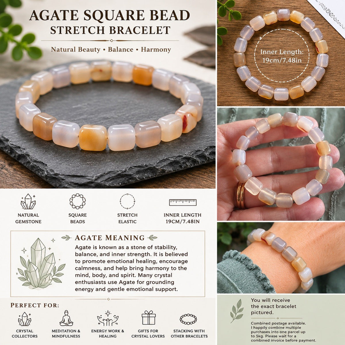 Agate Square Bead Bracelet