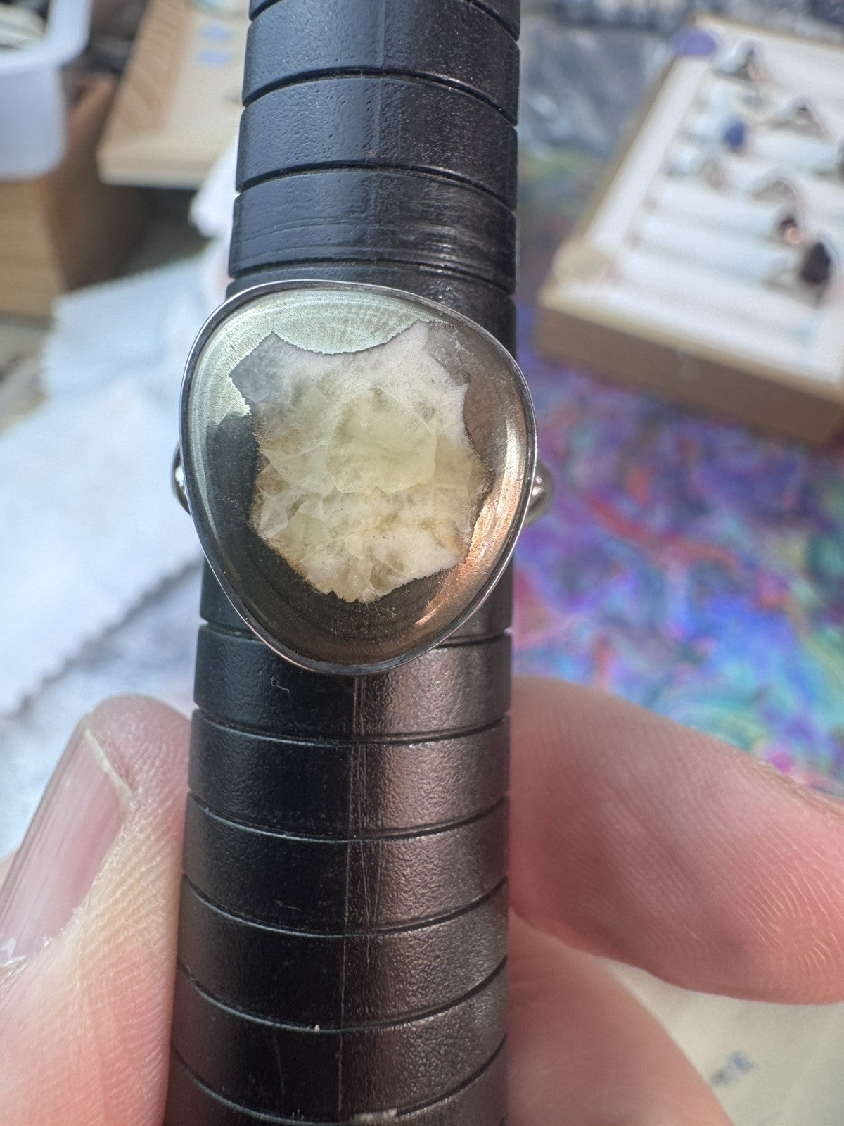 Size 8.5 Natural Ammonite Pyrite Crystal Ring 925 silver Q