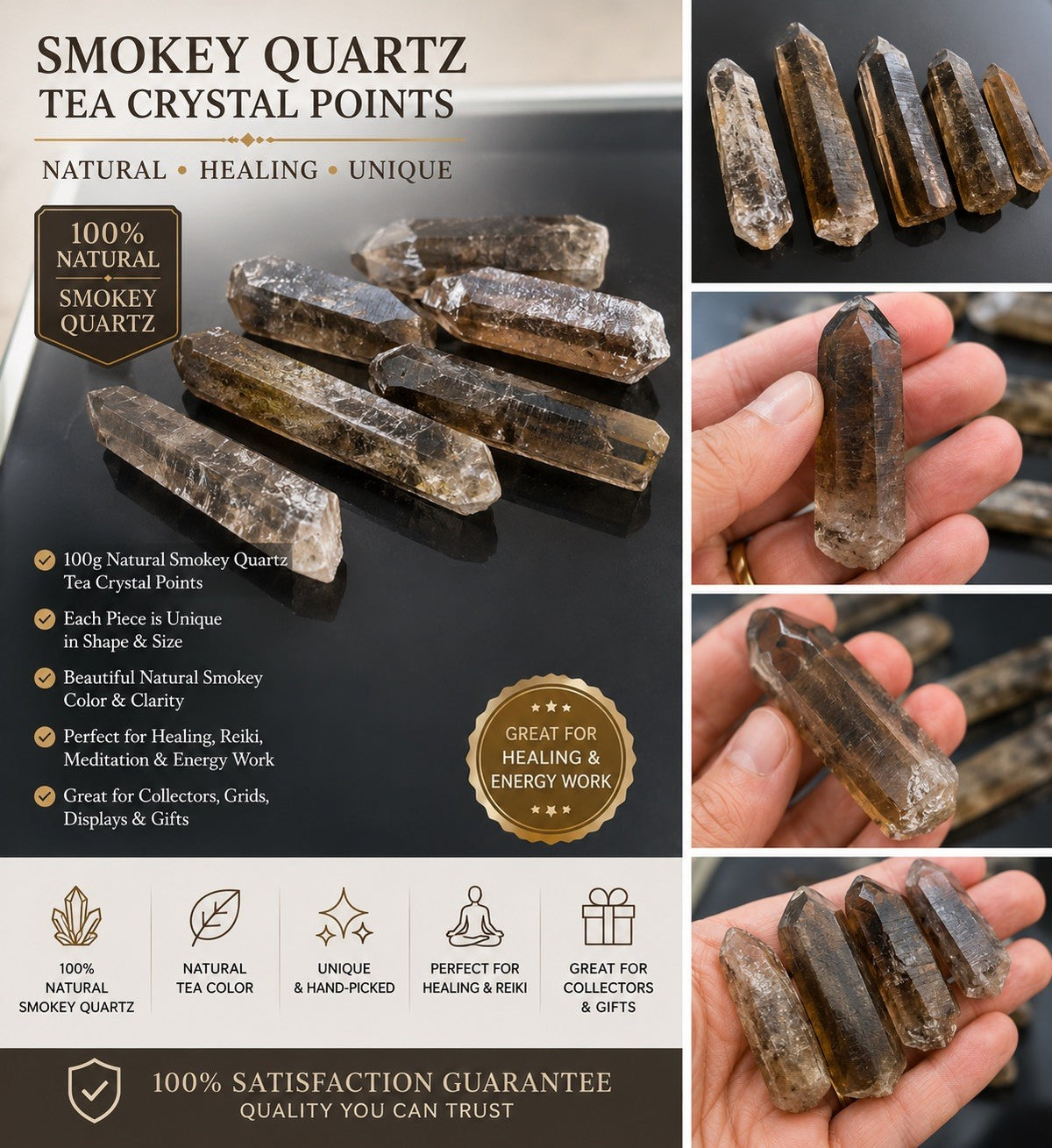 100g Natural Smokey Quartz Tea Crystal Point Healing Reiki Gemstone Specimen