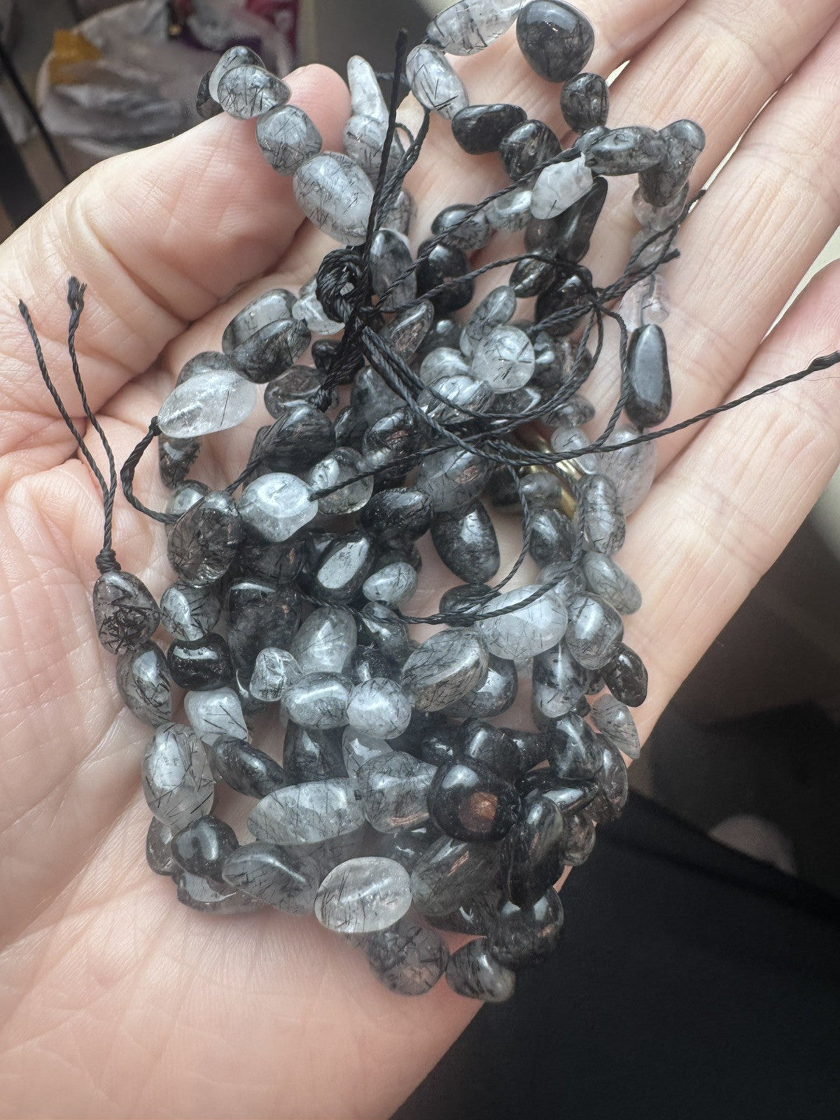 Natural Tourmalinated Quartz Tumble Bead Strand  – 16 Inch