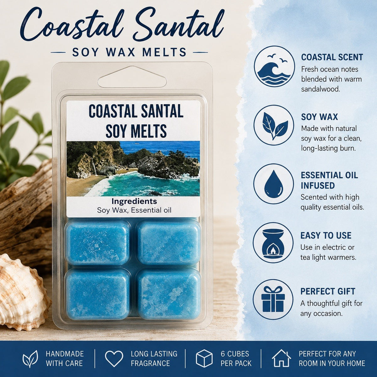 Coastal Santal Soy Wax Melts | Handmade Scented | Long Lasting Fragrance