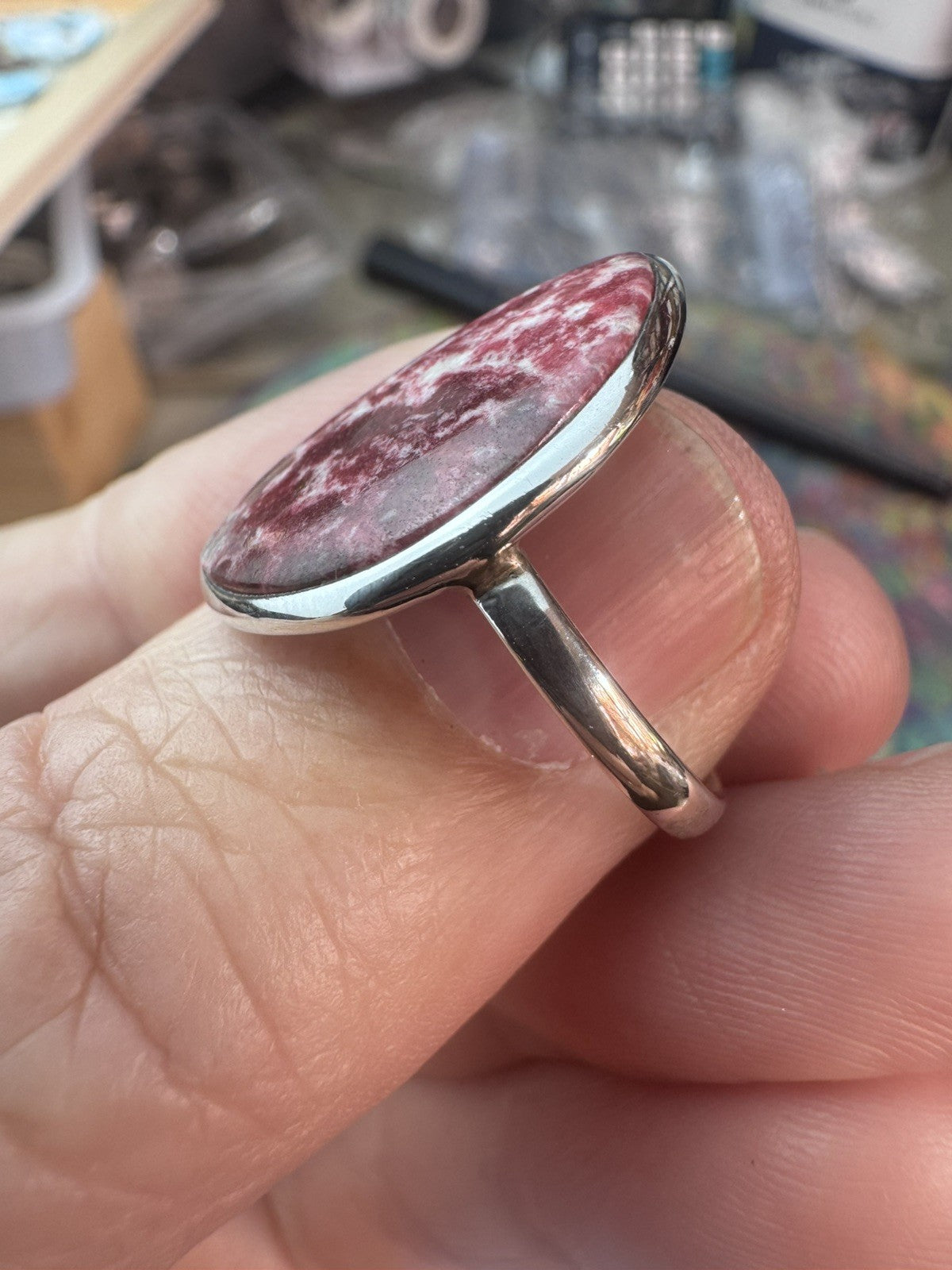 Size 7.5 Natural Pink Thulite  Ring 925 silver O.5