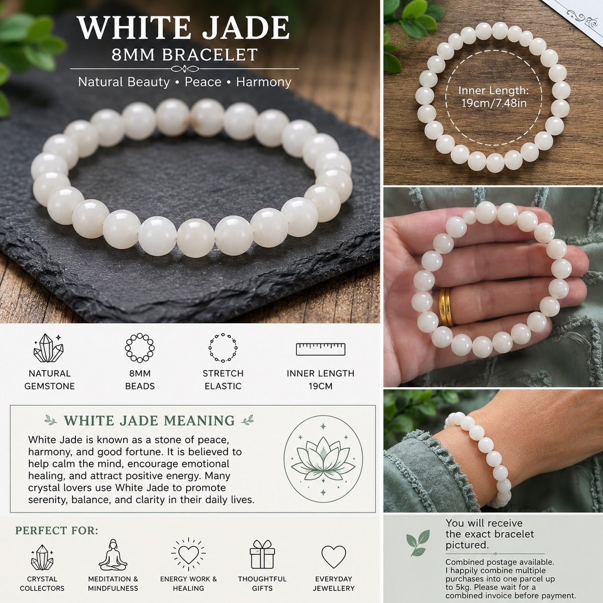 8mm White Jade Bracelet