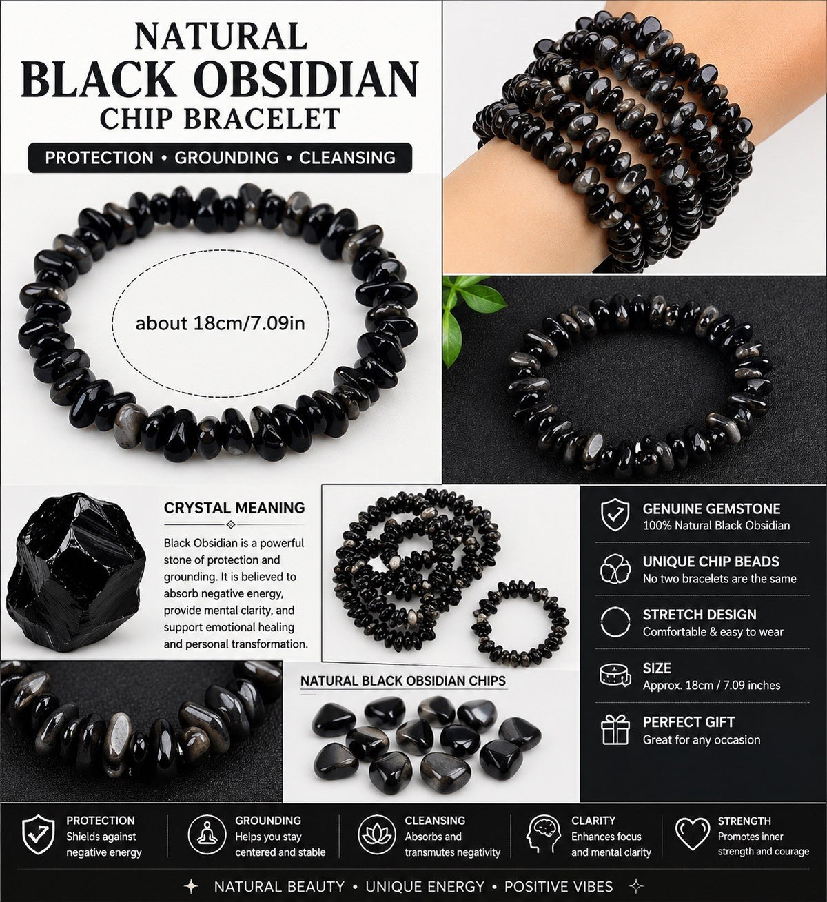 Black Obsidian Chip Bead Stretch Bracelet Genuine Gemstones