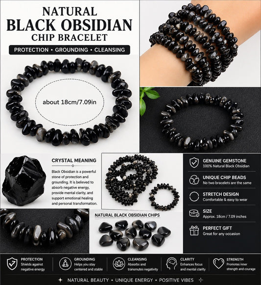 Black Obsidian Chip Bead Stretch Bracelet Genuine Gemstones
