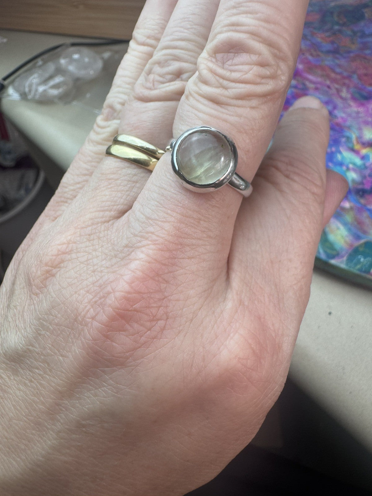 Size 8.5 Natural Prehnite Crystal Ring 925 silver Q